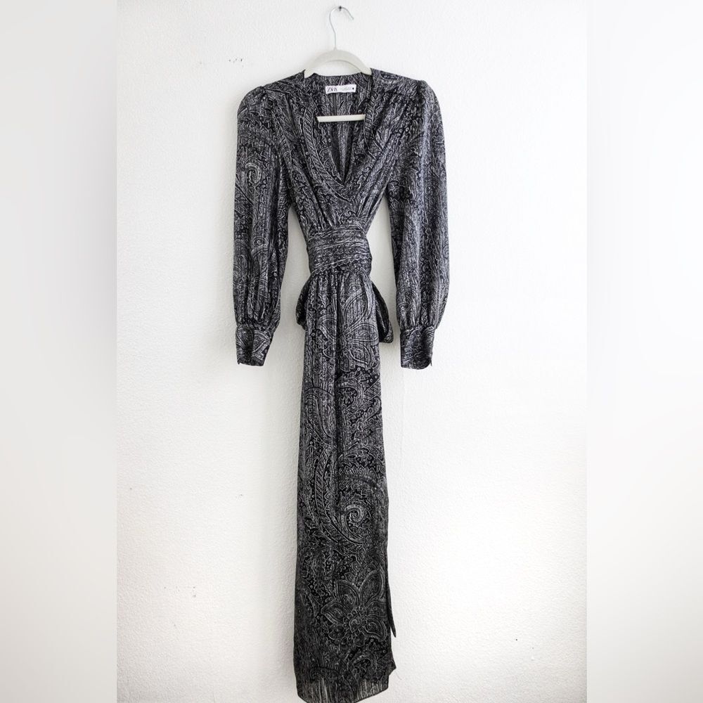 ZARA Paisley Print Grey/Black Maxi Tie Waste Dress Size S - Picture 3 of 14